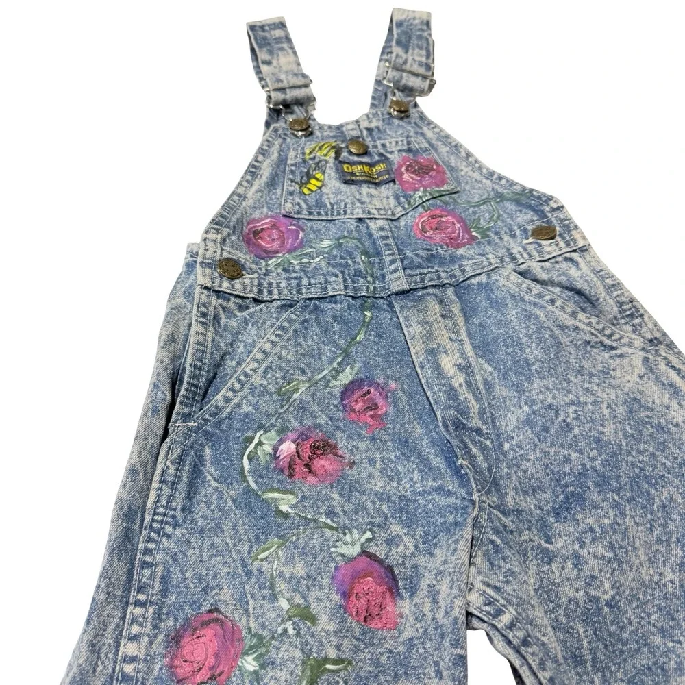 Vintage OshKosh Bgosh‎ Kids Size 5 Acid Wash Denim Overalls Hand Painted Floral